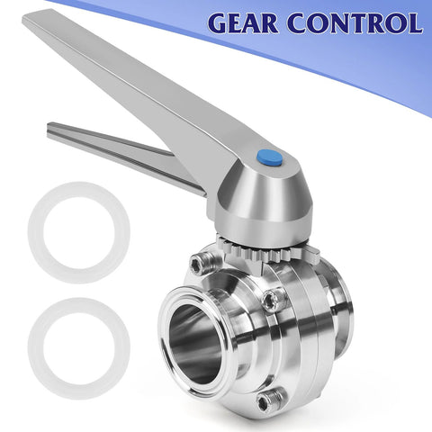 2-inch butterfly valve, sanitary stainless steel 304, tri-clamp ends with trigger handle; includes 2 white gaskets