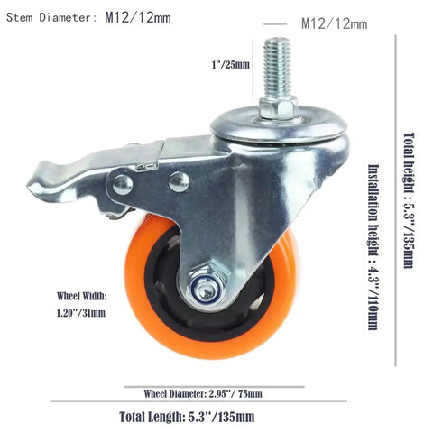 Heavy Duty Swivel Wheels With 3 Inch Yellow PVC Casters And Double Brakes M12 1.75x25mm Metric Stem