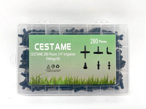 Irrigation fittings kit, CESTAME 280-piece 1/4 inch barbed connectors in clear box with straight, tee, elbow, 4-way coupling
