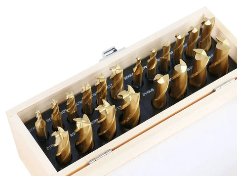 Pro Grade TiN Coated HSS End Mill Set 20 Piece Inch Sizes Three Sixteenths to Three Quarters Includes Two Flute and Four Flute Cutters