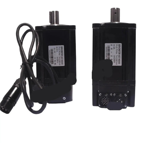 Two 80ST-M04025 AC servo motors; left view shows shaft, right view shows rear with multi-pin connector