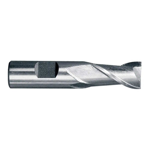 Side view of 1/2 Inch 2 Flute High Speed Steel Center Cut End Mill Ground From Solid For Slotting, Ramping, Pocketing And Plunging In Aluminum, Copper, Brass And Other Soft Metals, Center Cutting For Ferrous And Nonferrous Work