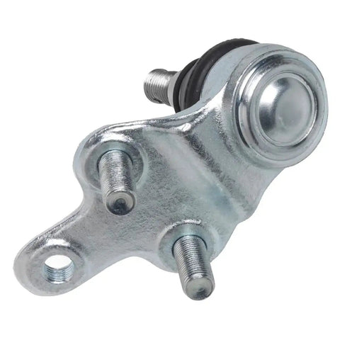 Front lower control arm with ball joint, silver metal, two threaded mounting studs and rubber boot