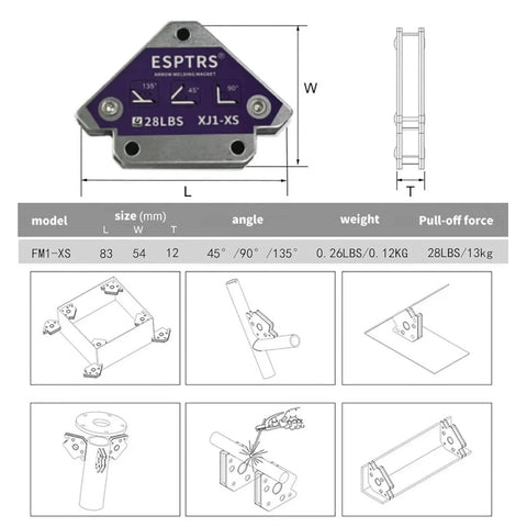 Diagram and measurements of Arrow Welding Magnet For Precise Metalwork And Quick Setup Purple Finish With 28 Lbs Holding Power Multi Angle Positioning