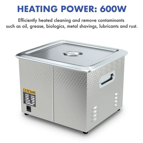 Stainless steel ultrasonic cleaner 15L with lid and side handle.