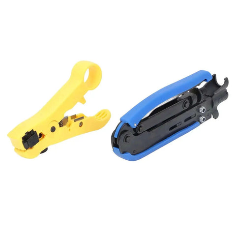 Heavy Duty Coaxial Cable Crimping Pliers Workhorse Set with blue and yellow handles, adjustable F connector crimper for RG6 RG59 RG11.