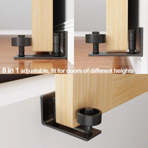 Sliding Barn Door Floor Guide With Eight Setup Options For Bottom And Wall Mounted Applications Adjustable Roller Flush Bottom Hardware Easy Assembly Made From Solid Carbon Steel With Powder Coating And A POM Nylon Roller For Quiet Smooth Sliding