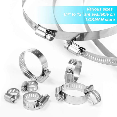 Hose clamps, stainless steel worm-gear type, assorted 6–12 mm sizes for plumbing and automotive use.