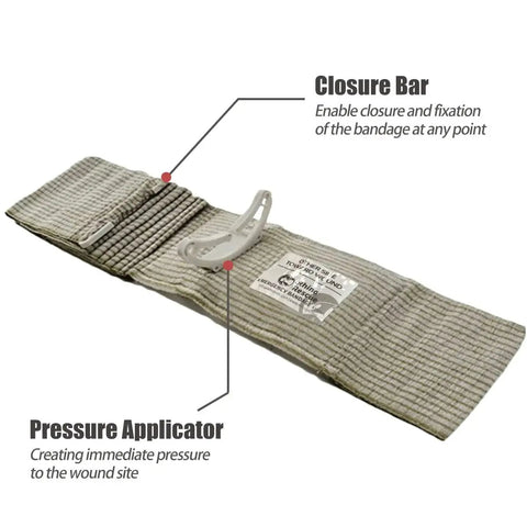 Israeli Style Emergency Bandage 6 Inch Trauma Wound Dressing With Compression showing closure bar and pressure applicator