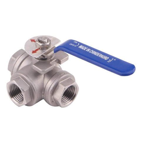 3-way stainless steel ball valve with blue vinyl locking handle, 1/2 in NPT female ports