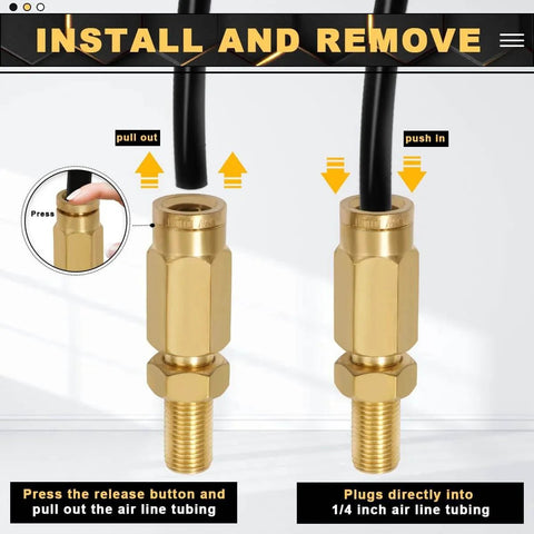 Two Pack Schrader Valve Adapter With Push To Connect Button For One Quarter Inch OD Air Hose Fittings For Semi Trucks And Trailers DOT Certified High Pressure Inflation Valve Up To Two Hundred PSI shown in installation process