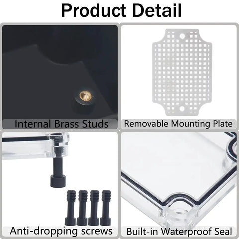 IP67 Waterproof ABS Black Junction Box Enclosure details showing brass studs, mounting plate, screws, and waterproof seal.
