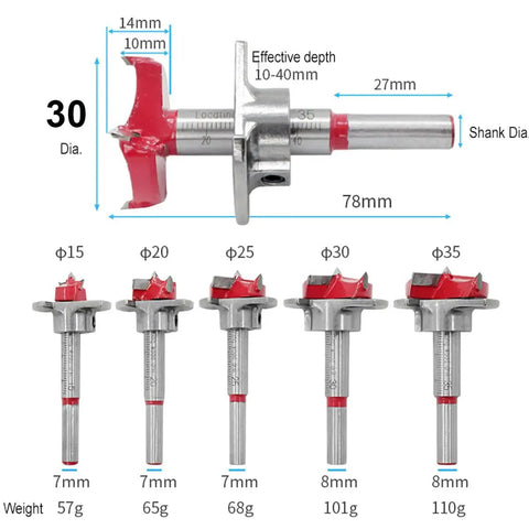 Set of adjustable 15 to 35mm Forstner hole saw cutters for woodworking, showing five sizes with durable alloy blade.