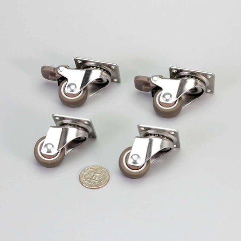 4 Pack 1" Low Profile Swivel Caster Wheels - Soft Rubber with 360° Top Plate, 100 lb Total Capacity (2 with Brakes & 2 Without)