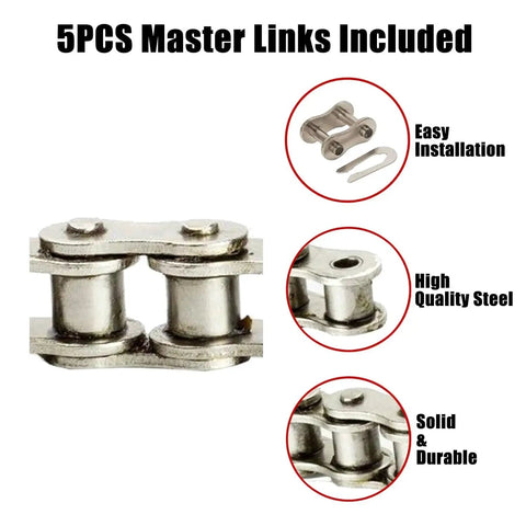 Close-up of master links for 160 Links 35 Chain With Chain Breaker And 5 Master Links For Mini Bikes And Go Karts Compatible With Coleman Powersports CT100U CC100X CK100 SK100 Motovox MBX10 MBX11 Mega Moto And Predator 212 79cc 97cc 100cc Engines Powersports Parts Kit, highlighting steel material and durability.