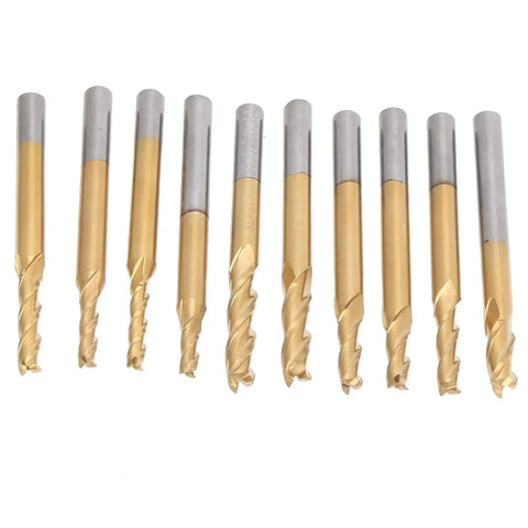 10 Piece 3 Flute End Mills Pro Grade Round Shank CNC Milling Cutters Ti Plated Tungsten Steel For Engraving Drilling Milling And Cutting Hardwood Plywood Acrylic Plastic Fiber Resin PCB Projects, displayed in a row on a white background.