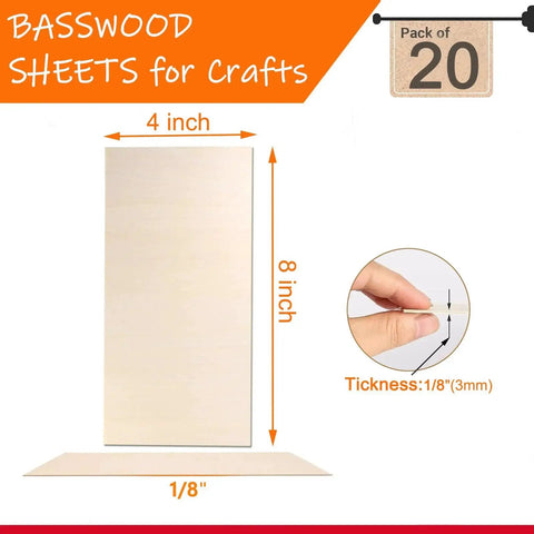 20 Pack 4x8 Inch Basswood Sheets One Eighth Inch Thick Unfinished Plywood For Crafts DIY Ornaments Drawing Painting Engraving