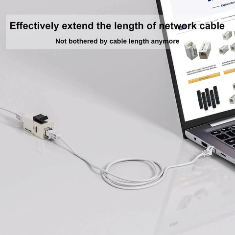 10Gbps Cat7 Shielded RJ45 Keystone Coupler Pack connecting two cables on a desk beside a laptop, demonstrating use for network extension.