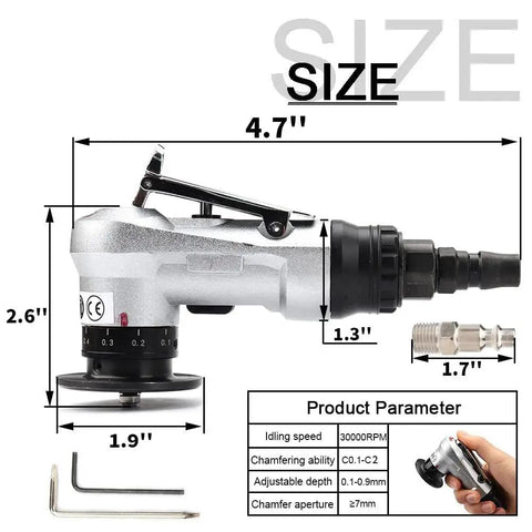 Compact Mini Pneumatic Chamfering Tool With Replaceable Blades And Bearings, 45 Degree Air Beveler with measurements and tool view