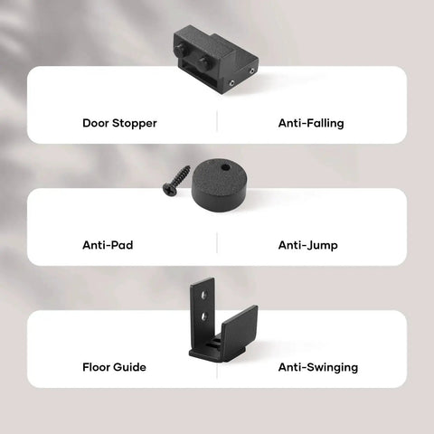 Components of the 5 Ft Mini Cabinet Bypass Barn Door Hardware Kit With Single Track 60 Inch Small Sliding Barn Door Track Kit shown.