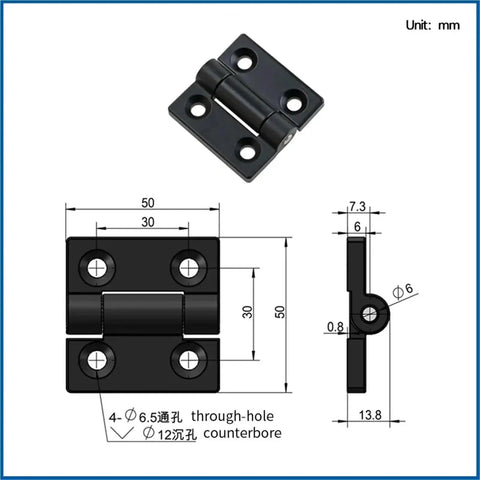 Amazon black zinc-alloy torque door hinge with damper, 1 piece, front view showing mounting holes.