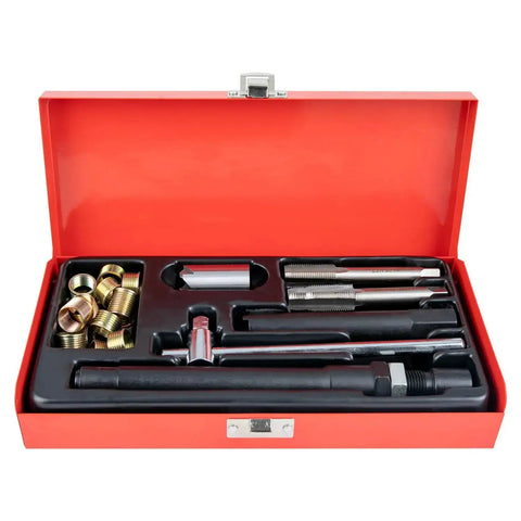 M14x1.25 Spark Plug Thread Repair Kit With 9.4mm And 15mm Inserts in storage case, 20 pieces shown.