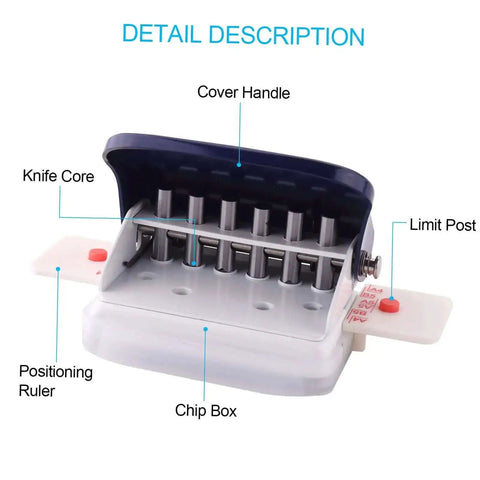 Open view of Handy 6 Hole Puncher For A4 A5 B5 Notebooks And Scrapbooks, showing metal punch mechanisms and green finish cover.
