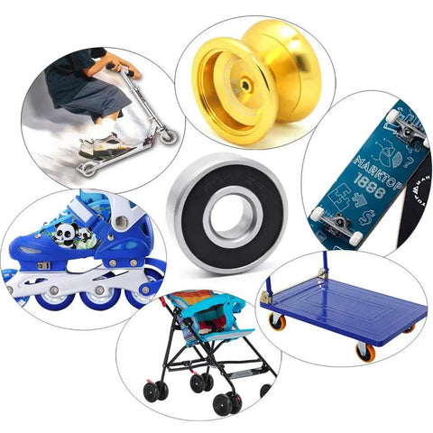6082RS Ball Bearings for skateboards, inline skates, scooters, and roller blades, shown with various equipment in circle collage.