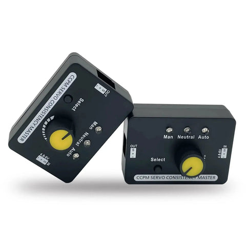 Two RC servo tester units with built-in BEC, 3-channel, black housings and yellow knobs