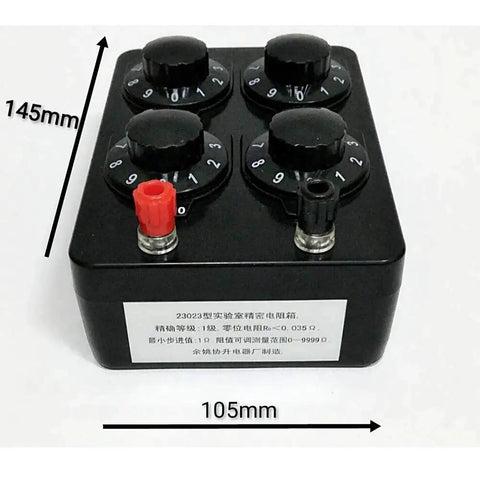Four-dial resistance box with 0-9999 ohm range, black plastic case with red and black binding posts