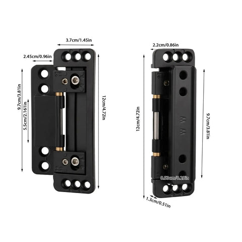 Black zinc alloy hidden door hinges with covers, 0.86 in thin, for secret doors. Heavy-duty, seamless design, front and side view.