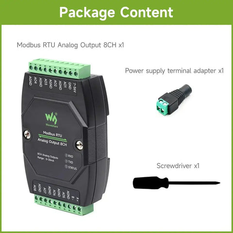 Package content showing Industrial 8 Channel Analog Output Module With 12 Bit DAC and accessories.