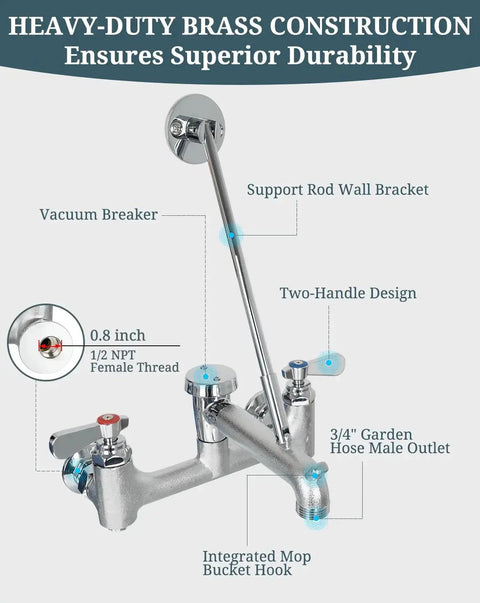 Commercial Mop Sink Faucet With Vacuum Breaker, Wall Mount Utility Sink Faucet, 8 Inch Adjustable Center, Built Tough Brass Diagram