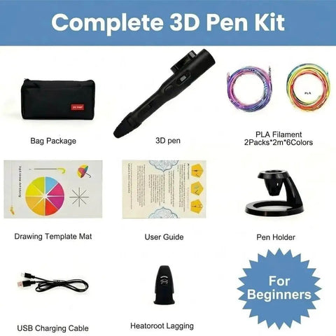 3D Printing Pen Kit With Adjustable Temperature And Stepless Speed PLA And ABS Compatible LCD Display Slick Grip For Creative Art And DIY Projects Black complete kit display.