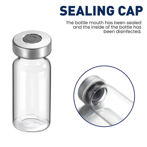 Front view of 10ml sterile glass vial with a silver sealing cap; inset shows bottle mouth with rubber stopper.