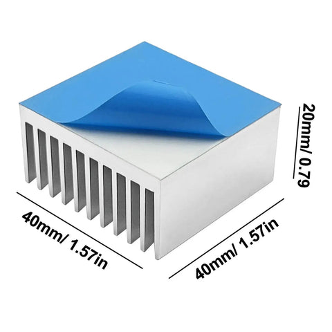 Beefed-Up Set Of Four 40mm Aluminum Heatsinks With Pre-Applied Thermal Conductive Tape shown with dimensions, ideal for electronics cooling