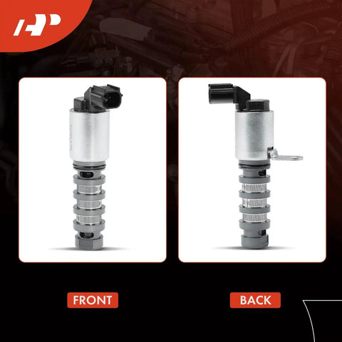 Front and back view of Drop In Engine Variable Valve Timing Solenoid For Honda Accord 2008 2012 CRV 2012 2014 Crosstour 2012 2015 2.4L L4 VVT Replacement With Silver Zinc Plated Finish 15830R44A01 15830R5AA01