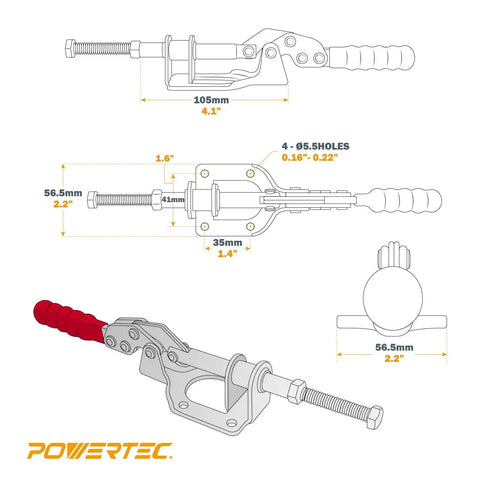 4 Pack Toggle Clamp Set With Quick Release 302F, 300 Lbs Holding Capacity, dimensions and design details illustration