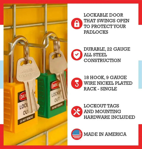Lockout Tagout Cabinet Kit For Padlocks with colorful padlocks on rack, swing door, durable steel, OSHA compliant, made in USA