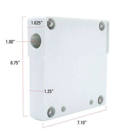 Outboard Motor Storage Bracket for 1-Inch Rails, dimensions labeled, hardware view