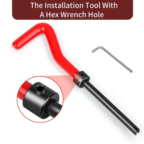 Close-up of red installation tool with hex wrench hole from 15 Pcs M14x1.5 Female Thread Repair Inserts Kit With Helicoil Style Inserts Pro Grade Drill And Tap Tools Wrench Break Pin Tool Hex Wrench Organizer Box For Automotive And Mechanical Maintenance