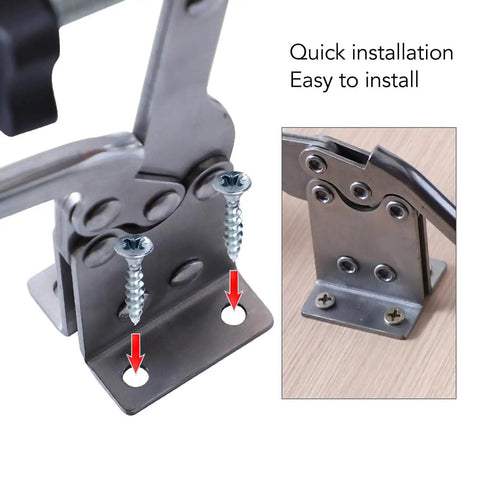 Pro Grade Non Slip Quick Release Toggle Clamp installed on wood surface with metal screws shown for woodworking jigs and fixtures.