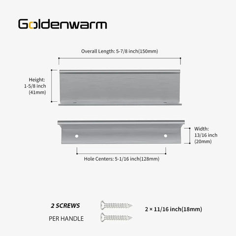 Diagram of Brushed Nickel Finger Edge Pulls for Cabinets and Drawers, with 5 Inch Hole Centers, dimensions, and screws shown