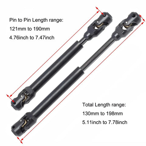 Two Pack Internal Spline RC Driveshaft 121-190mm for 1/10 Scale Crawlers, steel universal joint, measurements shown