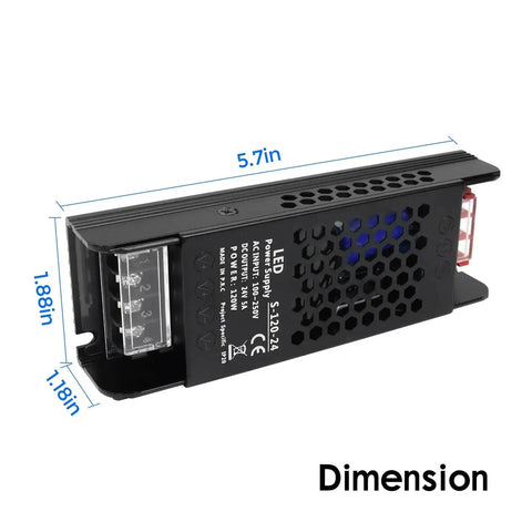 24V 5A 120W Universal Regulated Switching Power Supply dimensions 5.7in x 1.88in with metal housing for industrial use