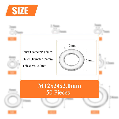 HELIFOUNER M12 flat washer, 304 stainless steel; inner diameter 12mm, outer diameter 24mm, thickness 2.0mm, 50 pieces
