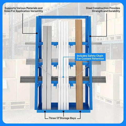 Front view of a blue Beefy Vertical Long Parts Storage Rack With 3,000 Lb Capacity For Pipes And Lumber, Heavy Duty Pipe Organizer.