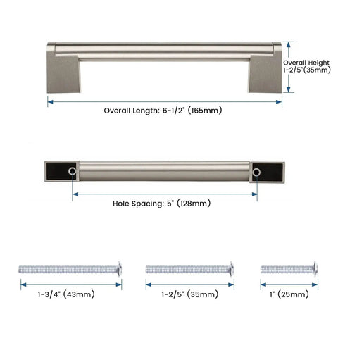 Diagram of 30 Pack 5 Inch Hole Centers Stainless Steel Boss Bar Cabinet Pulls Satin Nickel Finish, dimensions and screws included.