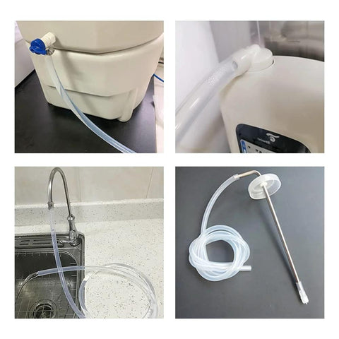 Feelers silicone tubing 1/4" ID x 3/8" OD, clear, connected to a blue valve on a white container
Feelers silicone tubing 1/4" ID x 3/8" OD, side view showing tubing attached to container cap
Feelers silicone tubing installed along a kitchen sink, tubing routed from faucet area
Feelers silicone tubing close-up with stainless steel probe and white mounting disk