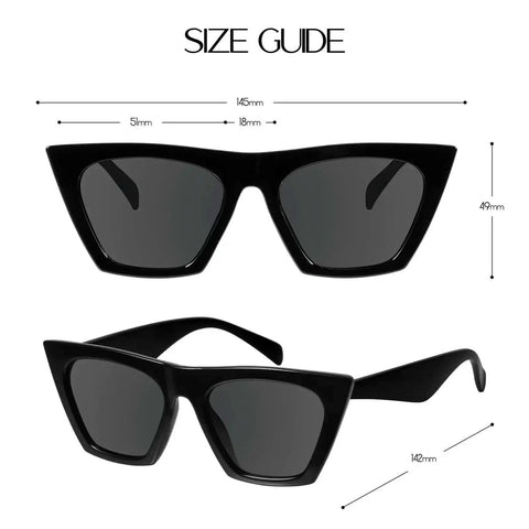 Cat Eye Sunglasses For Women Sharp Angles Frame With UV400 Protection Black 2Pack Retro Cool Vintage Fashion 90s Funky Ladies Small Chunky Unique MS51801 Trendy Square Cateye Eyewear For Everyday Sunny Days size guide.